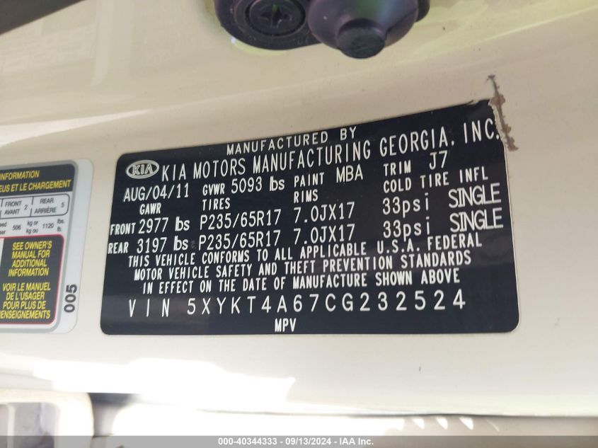 5XYKT4A67CG232524 2012 Kia Sorento Lx