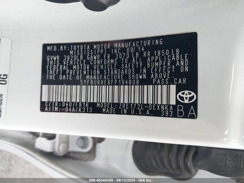 2015 TOYOTA COROLLA LE - 5YFBURHE6FP194808