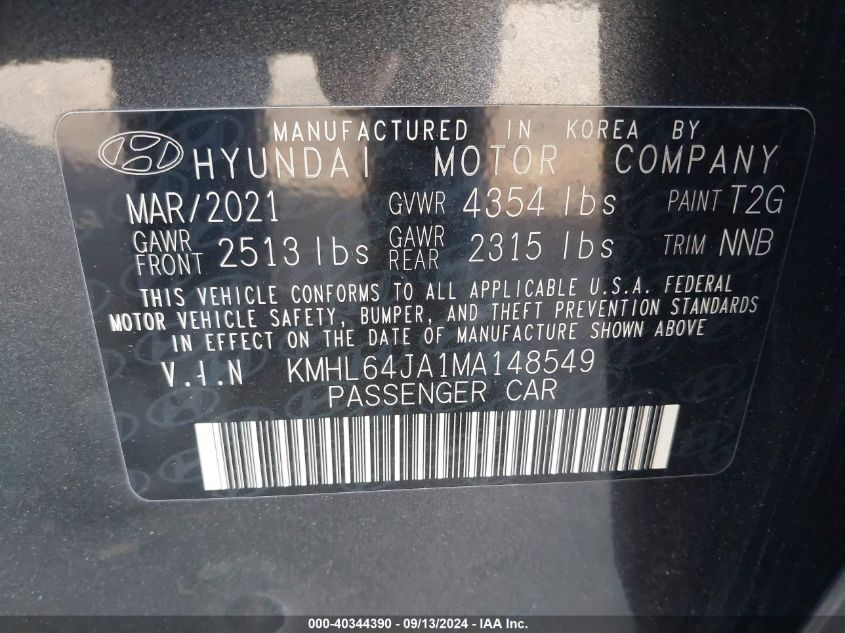 2021 Hyundai Sonata Sel VIN: KMHL64JA1MA148549 Lot: 40344390