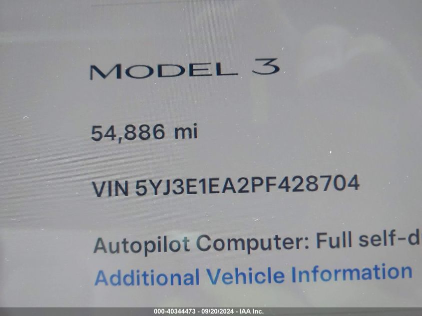 2023 Tesla Model 3 Rear-Wheel Drive VIN: 5YJ3E1EA2PF428704 Lot: 40344473