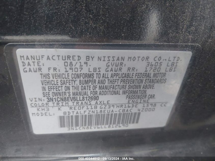 2020 Nissan Versa Sv Xtronic Cvt VIN: 3N1CN8EV6LL812690 Lot: 40344512