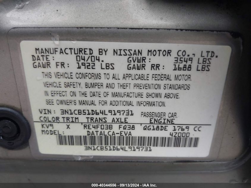 2004 Nissan Sentra 1.8 VIN: 3N1CB51D64L919731 Lot: 40344556