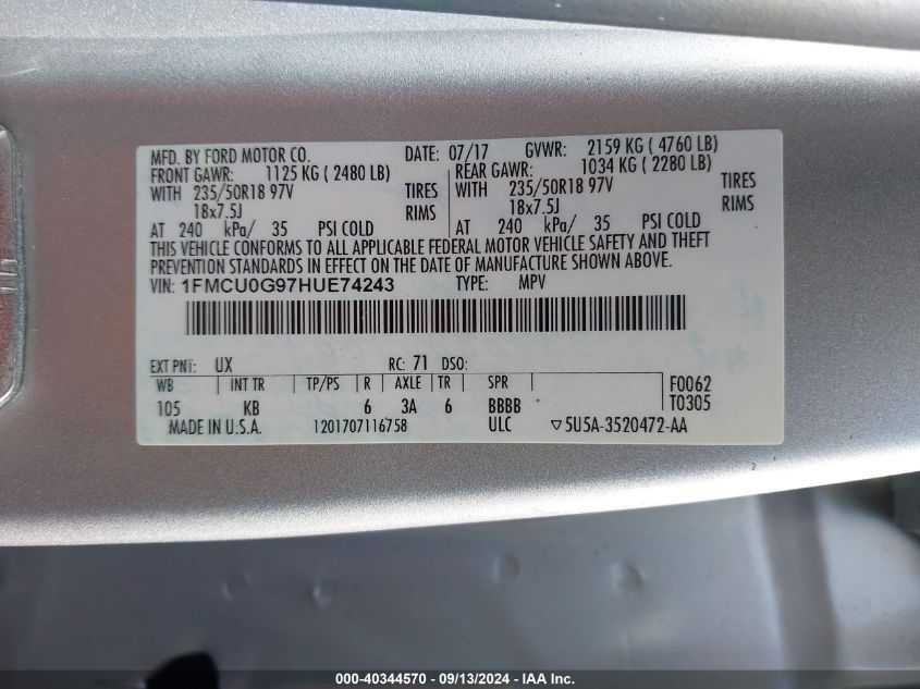 2017 FORD ESCAPE SE - 1FMCU0G97HUE74243