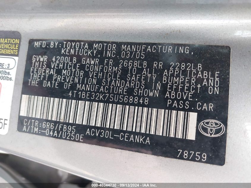 4T1BE32K75U568848 2005 Toyota Camry Le/Xle/Se