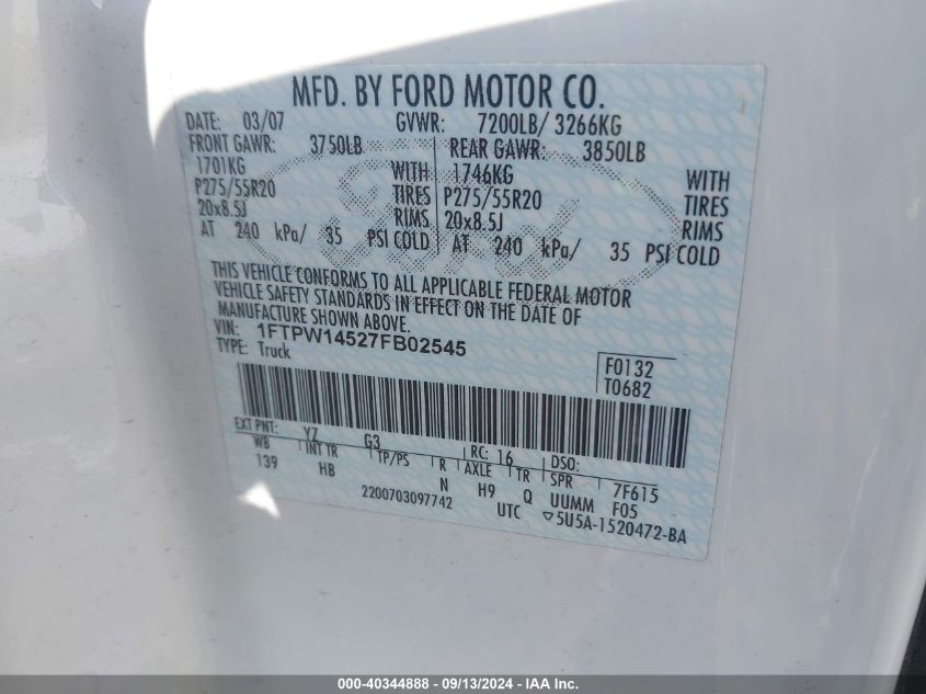 1FTPW14527FB02545 2007 Ford F150 Supercrew