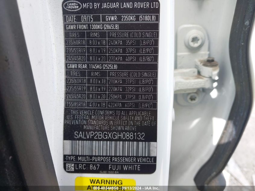 2016 LAND ROVER RANGE ROVER EVOQUE SE/SE PREMIUM - SALVP2BGXGH088132