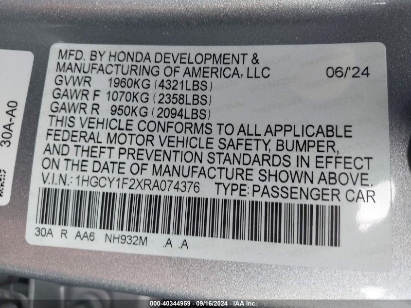 1HGCY1F2XRA074376 2024 Honda Accord Lx