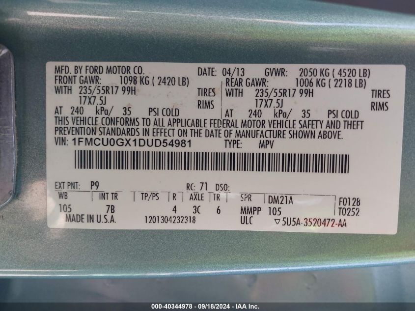 2013 FORD ESCAPE SE - 1FMCU0GX1DUD54981