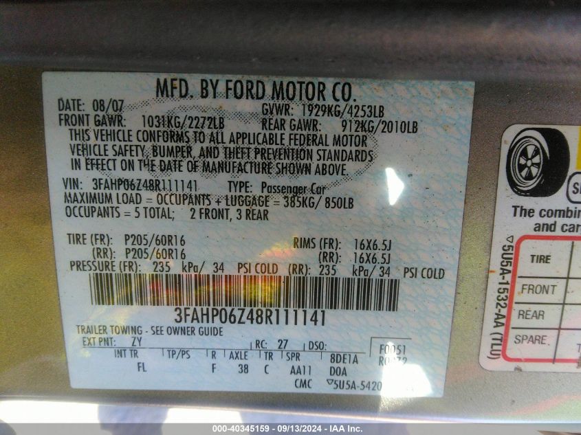 2008 Ford Fusion S VIN: 3FAHP06Z48R111141 Lot: 40345159