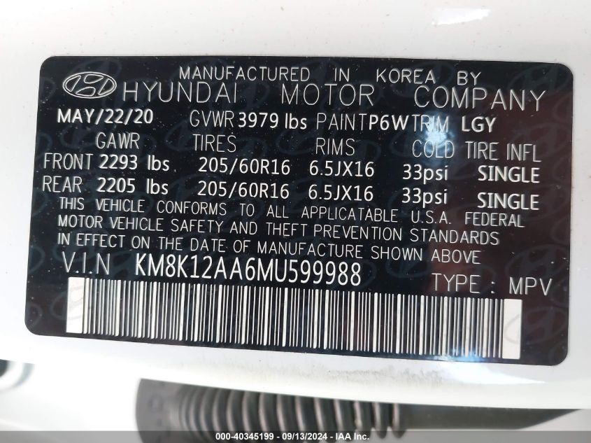 2021 Hyundai Kona Se VIN: KM8K12AA6MU599988 Lot: 40345199