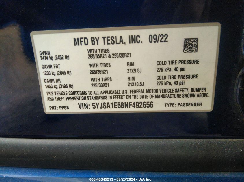 2022 Tesla Model S Dual Motor All-Wheel Drive VIN: 5YJSA1E58NF492656 Lot: 40345213