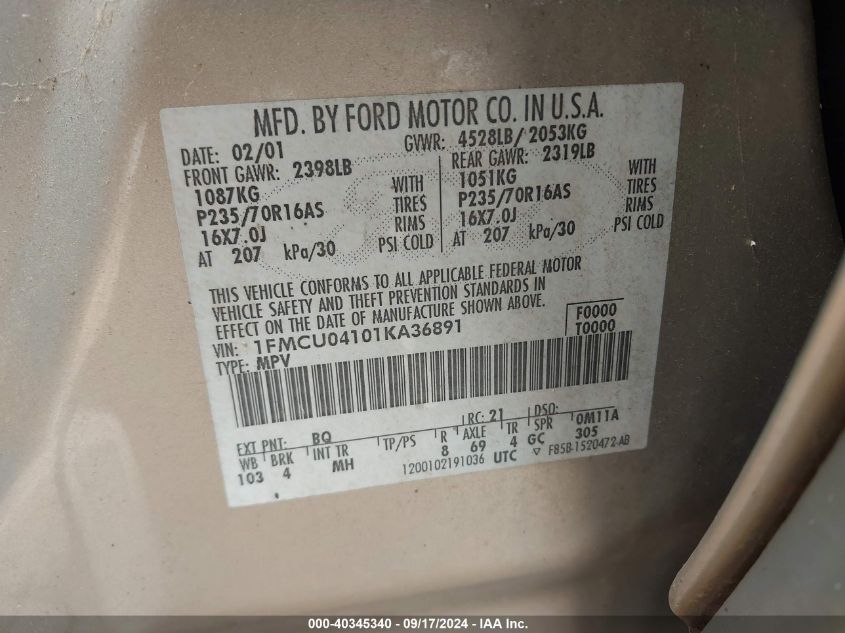 1FMCU04101KA36891 2001 Ford Escape Xlt