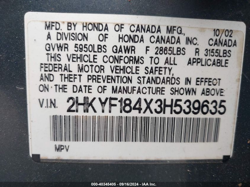 2003 Honda Pilot Ex VIN: 2HKYF184X3H539635 Lot: 40345405