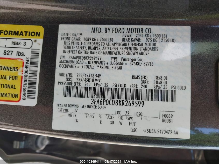 2019 Ford Fusion Sel VIN: 3FA6P0CD8KR269599 Lot: 40345414