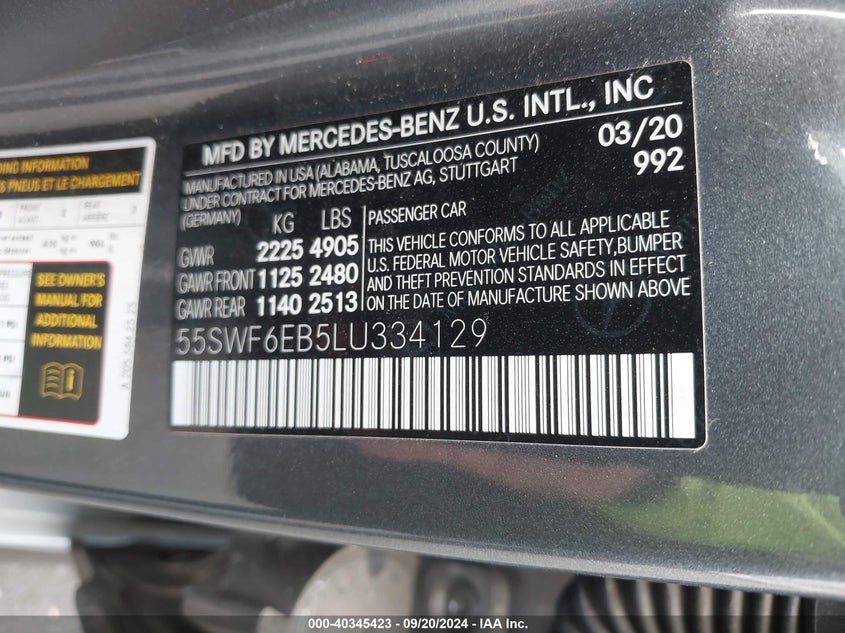 VIN 55SWF6EB5LU334129 2020 MERCEDES-BENZ AMG C 43 43 AMG
