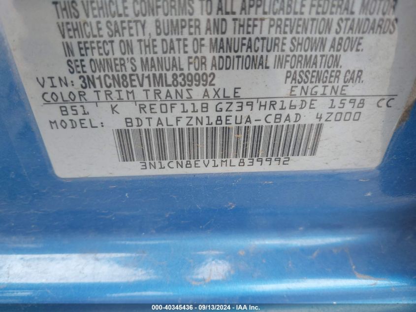 2021 NISSAN VERSA VIN: 3N1CN8EV1ML839992