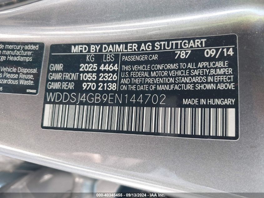 2014 Mercedes-Benz Cla 250 4Matic VIN: WDDSJ4GB9EN144702 Lot: 40345455