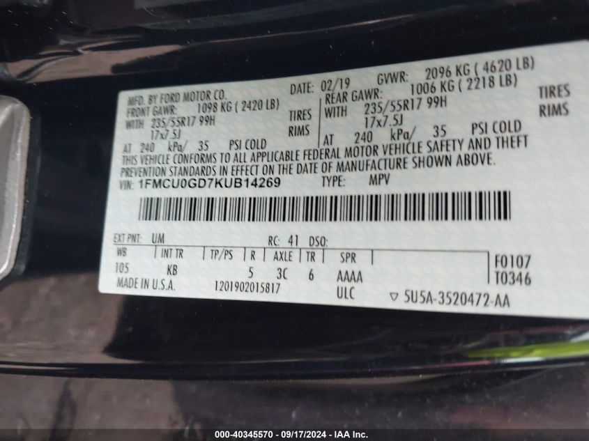 1FMCU0GD7KUB14269 2019 Ford Escape Se