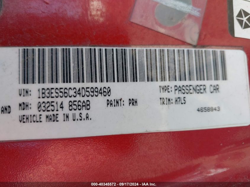 2004 Dodge Neon Sxt VIN: 1B3ES56C34D599460 Lot: 40345572