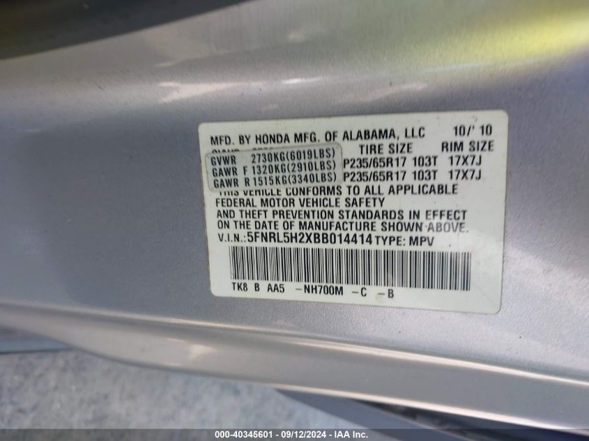 2011 Honda Odyssey Lx VIN: 5FNRL5H2XBB014414 Lot: 40345601