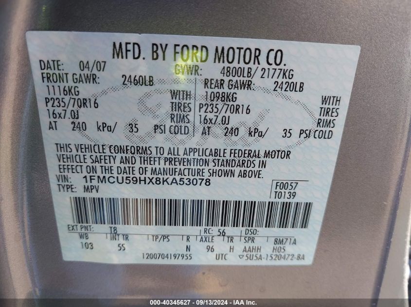 1FMCU59HX8KA53078 2008 Ford Escape Hybrid Hev