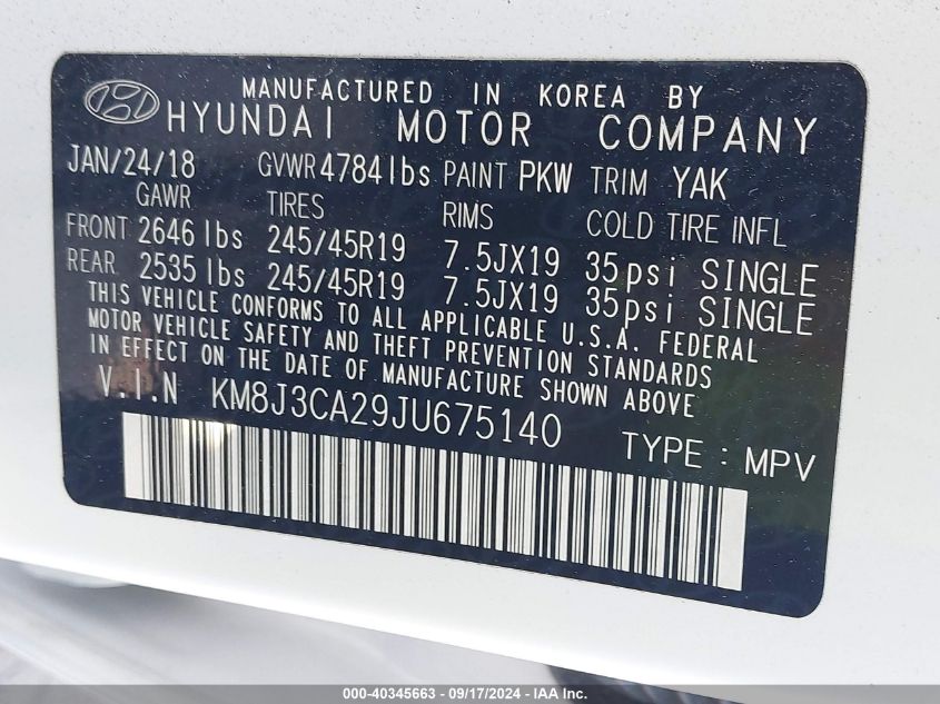 KM8J3CA29JU675140 2018 Hyundai Tucson Limited/Sport And Eco/Se