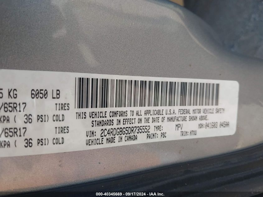 2013 Dodge Grand Caravan Se VIN: 2C4RDGBG5DR735552 Lot: 40345669