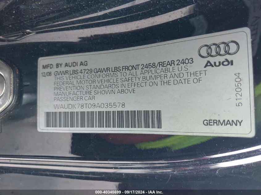 2009 Audi A5 3.2L VIN: WAUDK78T09A035578 Lot: 40345699