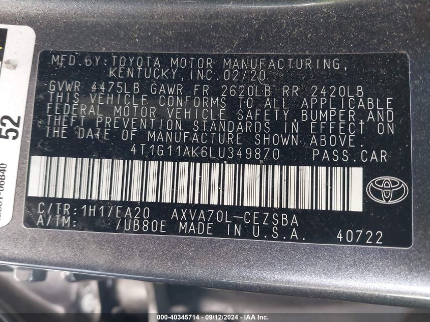 4T1G11AK6LU349870 2020 Toyota Camry Se