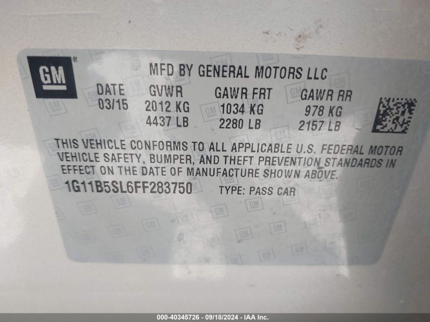 1G11B5SL6FF283750 2015 Chevrolet Malibu Ls