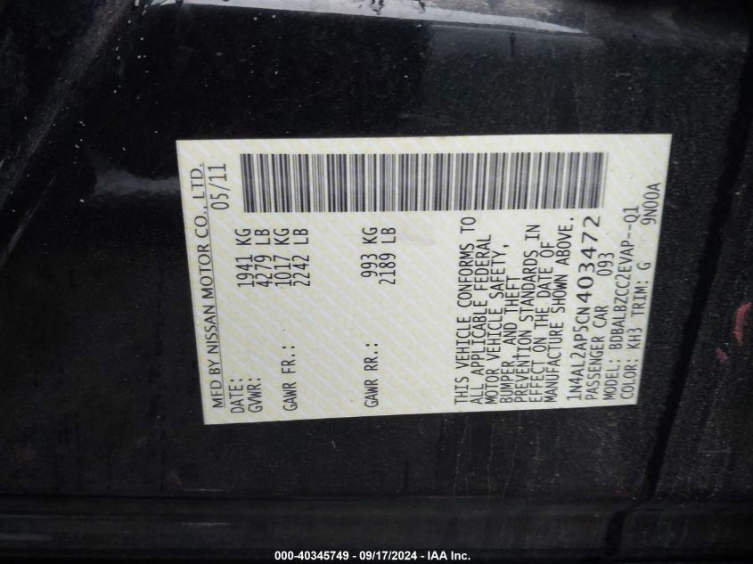 2012 Nissan Altima 2.5 S VIN: 1N4AL2AP5CN403472 Lot: 40345749