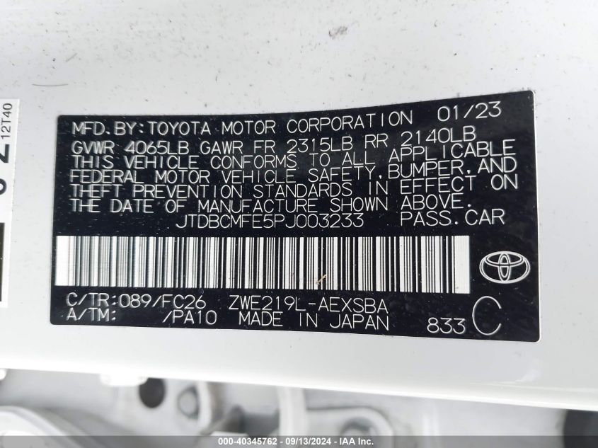 2023 Toyota Corolla Hybrid Se VIN: JTDBCMFE5PJ003233 Lot: 40345762