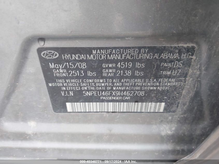 5NPEU46FX9H462708 2009 Hyundai Sonata Se V6