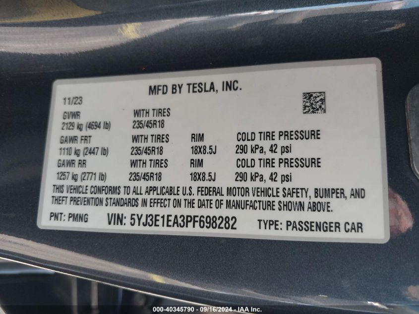 2023 Tesla Model 3 VIN: 5YJ3E1EA3PF698282 Lot: 40345790