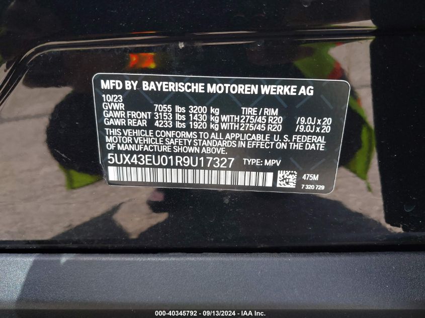 VIN 5UX43EU01R9U17327 2024 BMW X5 PHEV XDRIVE50E