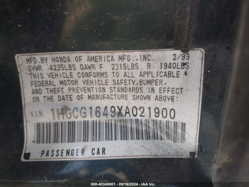 1999 Honda Accord Lx VIN: 1HGCG1649XA021900 Lot: 40345801