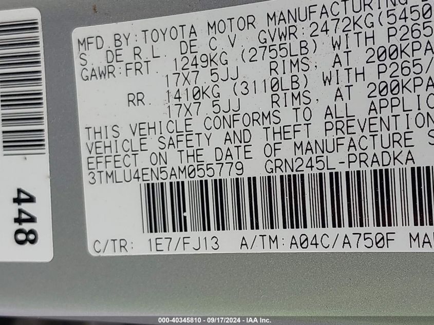 2010 Toyota Tacoma Base V6 VIN: 3TMLU4EN5AM055779 Lot: 40345810