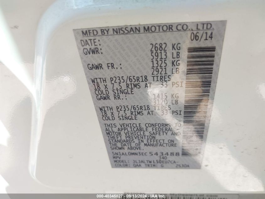 2014 Infiniti Qx60 VIN: 5N1AL0MN3EC543488 Lot: 40345827