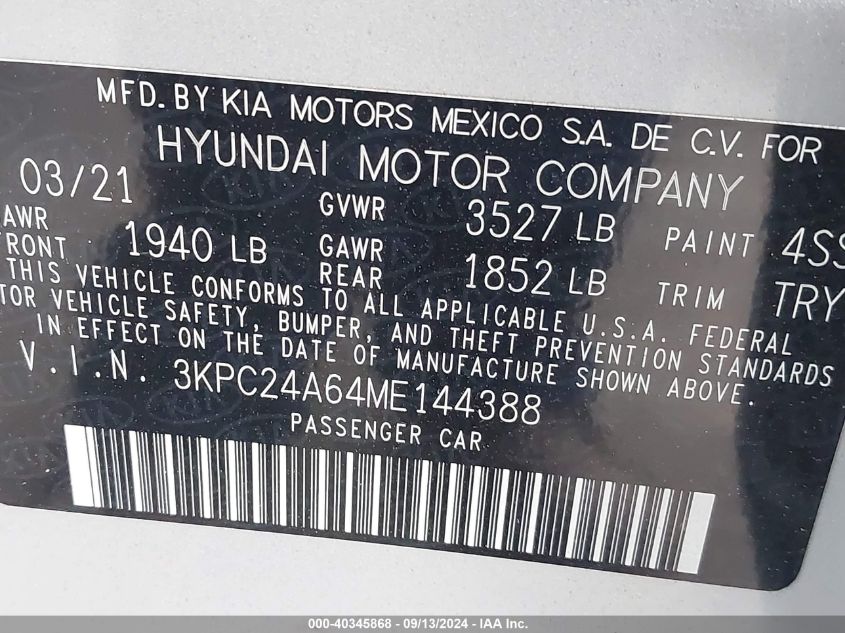 3KPC24A64ME144388 2021 Hyundai Accent Se