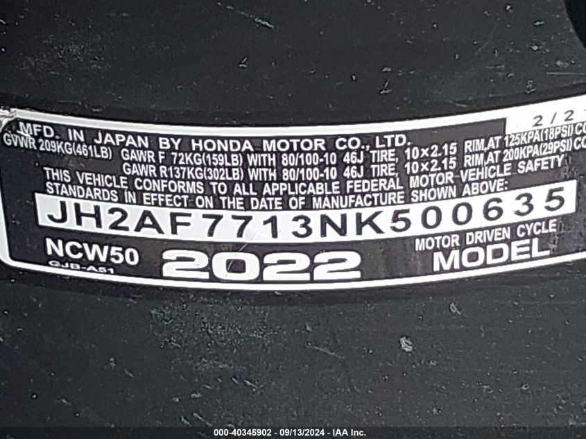 2022 Honda Ncw50 VIN: JH2AF7713NK500635 Lot: 40345902