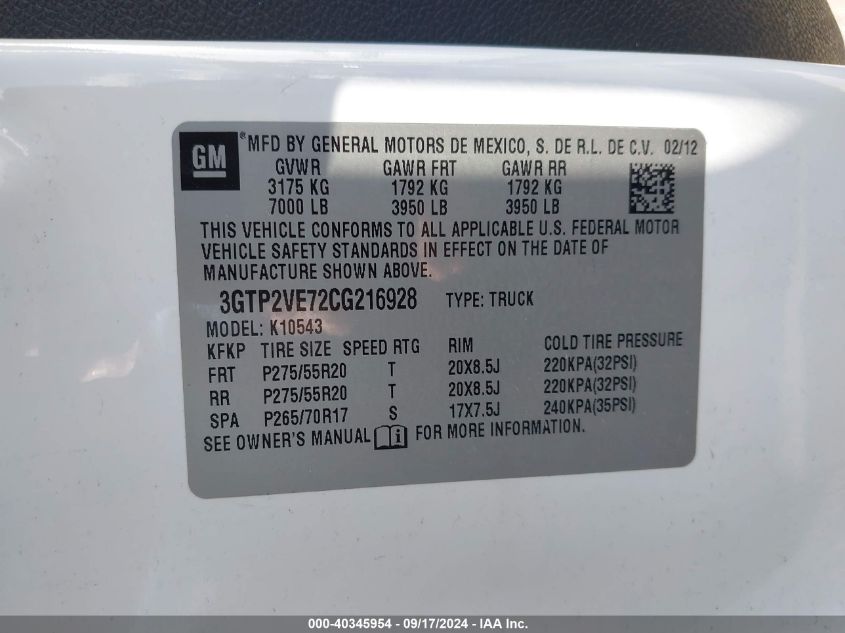 2012 GMC Sierra 1500 Sle VIN: 3GTP2VE72CG216928 Lot: 40345954