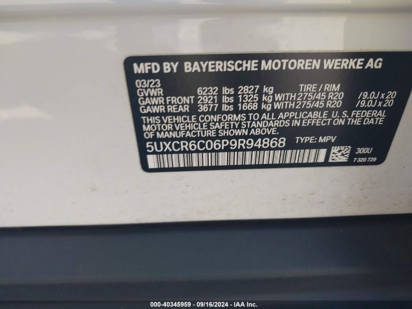 2023 BMW X5 xDrive40I VIN: 5UXCR6C06P9R94868 Lot: 40345959