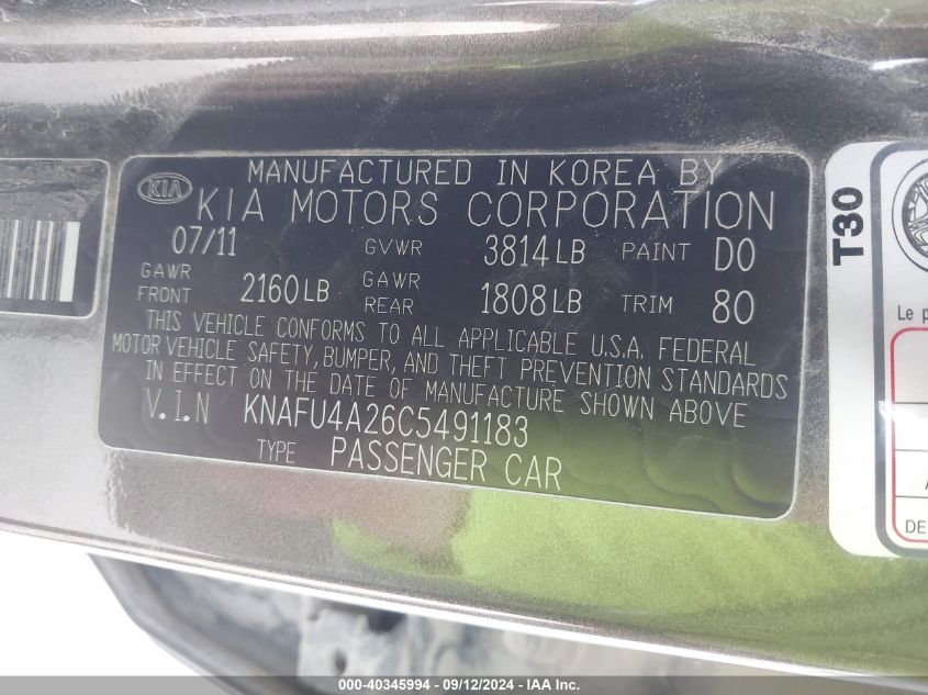 2012 Kia Forte Ex VIN: KNAFU4A26C5491183 Lot: 40345994