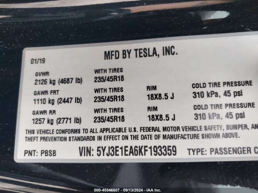 2019 Tesla Model 3 Long Range/Mid Range/Standard Range/Standard Range Plus VIN: 5YJ3E1EA6KF193359 Lot: 40346007