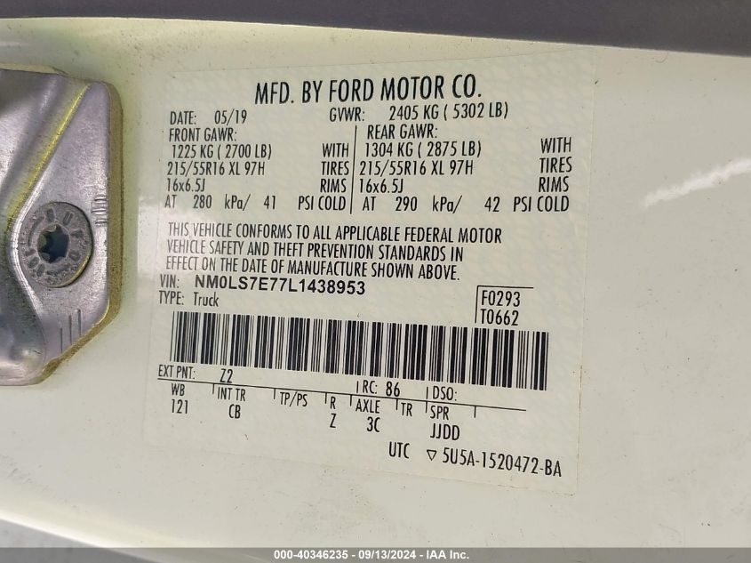 2020 Ford Transit Connect Xl VIN: NM0LS7E77L1438953 Lot: 40346235