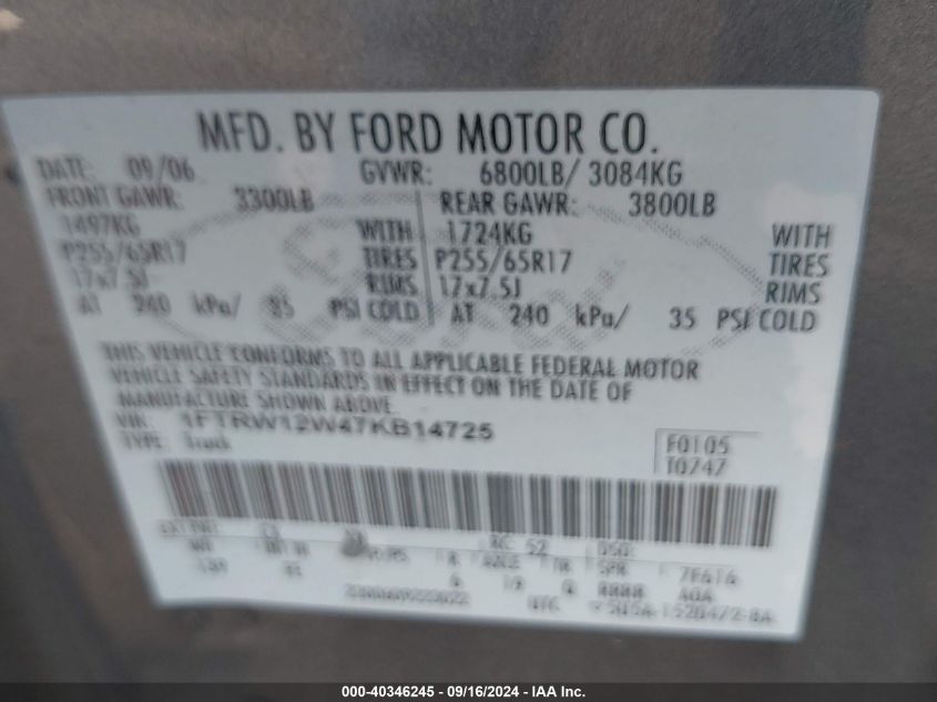 1FTRW12W47KB14725 2007 Ford F-150 Xlt