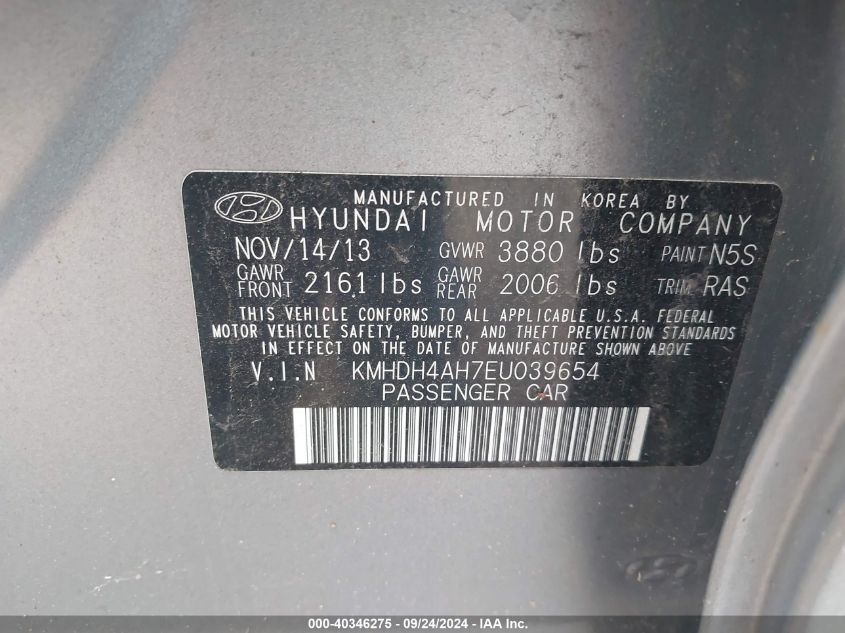 2014 Hyundai Elantra Sport VIN: KMHDH4AH7EU039654 Lot: 40346275