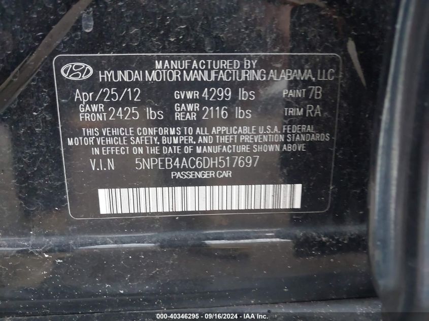 5NPEB4AC6DH517697 2013 Hyundai Sonata Gls