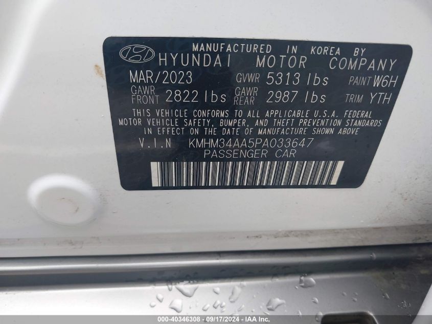 2023 Hyundai Ioniq 6 Sel VIN: KMHM34AA5PA033647 Lot: 40346308