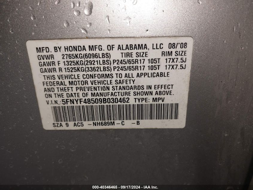 2009 Honda Pilot Ex-L VIN: 5FNYF48509B030462 Lot: 40346465